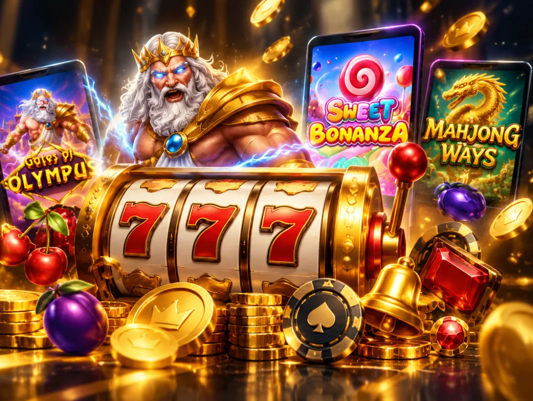 Slot reels, casino chips and gold coins beside three phones showing Gates of Olympus, Sweet Bonanza and Mahjong Ways.